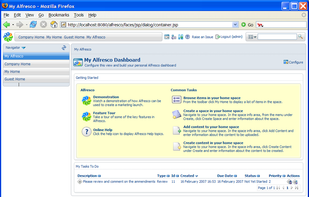 The My Alfresco Dashboard provides a familiar welcome screen for users