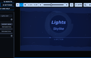 Export tab, and a project with a circular bar visualizer, 2 wave visualizers, a point timer and a subtle background bar timer, time text and classic text, a particle flow and a background (shape).