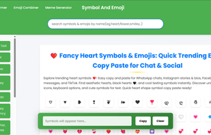 This screenshot shows the main interface of our emoji and symbol copy-paste tool a clean, mobile-friendly layout where users can instantly browse and copy stylish symbols, aesthetic emojis, and fancy fonts with just one click. No ads, no clutter just fast, easy access to thousands of Unicode characters for use in Instagram bios, social media posts, and more.