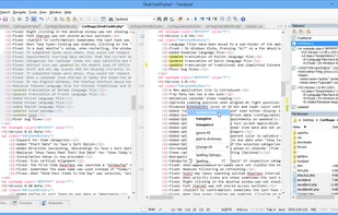 Twistpad editing a PHP\HTML file, with split editing, with the clipboard and the file browser window visible. Notice that the search for 'updated' is highlighted automatically