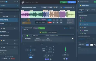Practice Session main interface: Waveform view with practice regions, speed and pitch controls, and music library. 