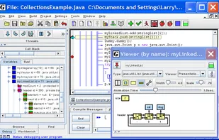 jGRASP screenshot showing CSD and a linked list debugger viewer