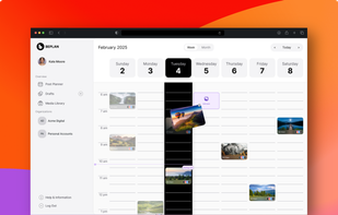 This screenshot shows the Beplan weekly calendar where creators organize and schedule their social posts. Each post appears as a visual card that can be dragged to any time slot, with quick access to drafts, the media library, and connected accounts on the left. It highlights how simple and visual content planning is inside Beplan.