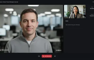 Preper Interview Room - user practicing with an AI interviewer for a Senior Product Manager role at Amazon
