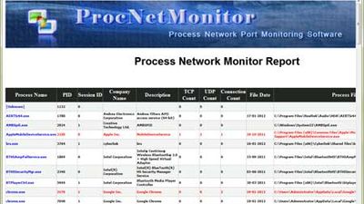 Screenshot 1: ProcNetMonitor showing process list along with open ports and active network connections for a selected process.