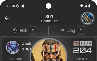 501 game interface with intuitive scoring system. Clean, responsive design showing current score, remaining points, checkout suggestions, and game progress for seamless darts gameplay experience.