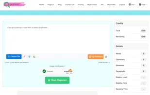 CopyDetect’s main dashboard where users can paste or upload text files to check for plagiarism or AI-generated content. Supports file uploads, Google Drive, and Dropbox with a 2500-word limit per search (Limit After Login Changes).
