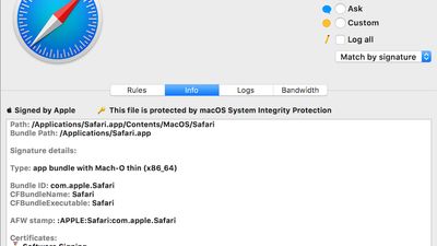 Unlike other Mac firewalls that are used to identify processes only by path, Vallum is able to identify processes also by signature fingerprint. This means that when you allow an app to connect, you are sure that only this app will be allowed. This feature increases both your privacy and security, if an app is corrupted or modified Vallum will display a warning. Additionally Vallum performs check on signature and certificates validity.