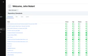 This view displays compliance standards applied at the repository/project level. Teams can customize which controls are active for each environment, ensuring tailored security benchmarks for production workloads.