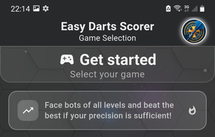Main menu with game type selection. Intuitive interface offering 301, 501, Cricket, and Training modes with clear navigation, beautiful design, and easy access to all game features and settings.