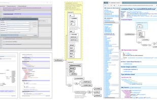 Template Designer with generator running from it, pages of RTF doc, diagram of a complexType, HTML doc with custom CSS