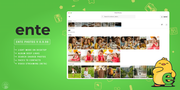 Ente Photos 0.9.98: Light mode, enhanced import, and encrypted video streaming beta image