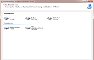 Main program window. Clicking on the disk will start recovery wizard.