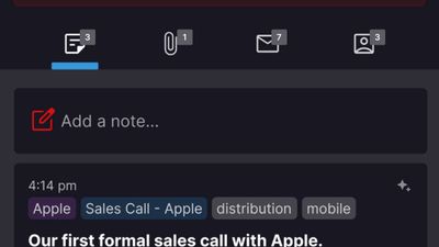 An event page displaying associated notes, attachments, emails, and contacts.