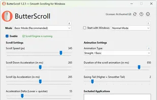 ButterScroll settings panel where users can adjust scroll speed, duration, acceleration, and easing for a personalized smooth scrolling experience.