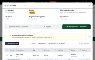 View itemized breakdowns for each purchase order including quantities, pricing, and supplier information.