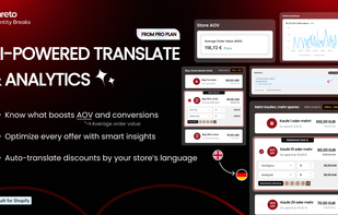 Pareto Quantity Breaks analytics dashboard showing average order value insights and AI auto-translation of discount widgets into multiple languages including English and German.
