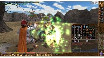Screenshot from Eternal Lands, in which several players are fighting over an instance dungeon.