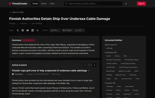 An example Threat Cluster - showing multiple sources talking about the same topic, grouped together into one unified page. You are able to view what each source is saying directly from this page. On the right hand side you will see extracted 'entities' - keywords that appear in the articles, such as malware, CVEs, ransomware groups, APT groups (and 17 other types) intelligently extracted. 
