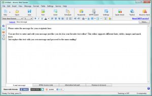 Atomic Mail Sender’s email message  editor with main menu and toolbar for configuring the program.