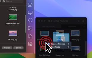 Click on a Finder window to go to it in a file dialog. Right-click on a tabbed Finder window to choose which tab you want