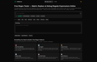 Test regular expressions with real-time match highlighting, capture groups, replace mode, flag toggles, and a built-in quick reference cheat sheet.