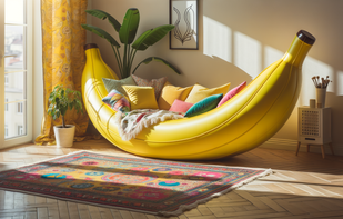 A vibrant yellow banana-shaped couch sits in a cozy living room, its curve cradling a pile of colorful cushions.  on the wooden floor, a patterned rug adds a touch of eclectic charm, and a potted plant sits in the corner, reaching towards the sunlight filtering through the window.