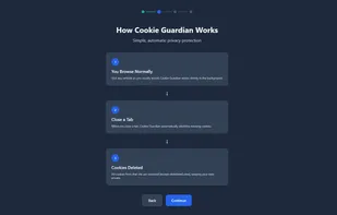 How Cookie Guardian works: Browse normally, close a tab, cookies automatically deleted