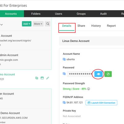 Accounts/Passwords stored in Securden Password Vault