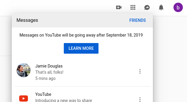 YouTube direct messaging will be discontinued on September 18th