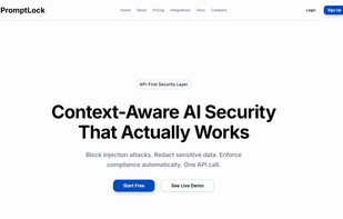 PromptLock homepage - API-first security layer for AI applications