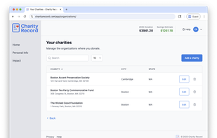 Charity Record list page, showing charities with address, edit, and delete options