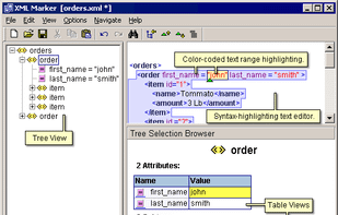 Basic features with tree, text editor and tree selection browser views