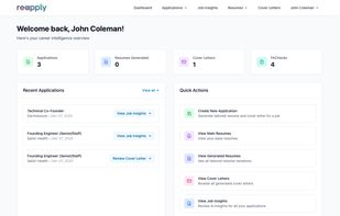 Application dashboard showing fit score, company research, and strategic insights for each job