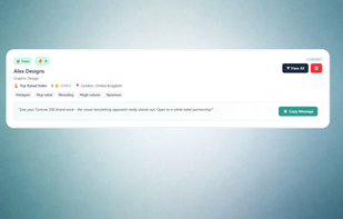 A real Fiverr seller profile extracted with one click. Lead3r captures visible business details, credibility signals, and profile context, then generates a ready-to-use outreach message based on the page.