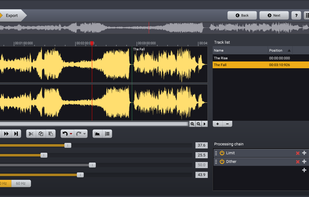 The repair page in AudioLava 2 showing the audio waveform, track list, restoration tools and the processing chain.