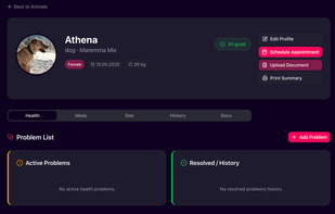 Individual pet/animal profile showing critical information. 