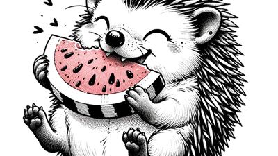 An ink sketch style illustration of a small hedgehog holding a piece of watermelon with its tiny paws, taking little bites with its eyes closed in delight.