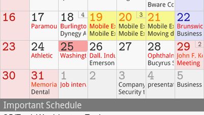 The calender shows the present schedule and important schedules are emphasized with red. Depending on the needs, it can show you monthly or weekly views, only the calender or the important lists. Also, you can change the beginning day of the week.