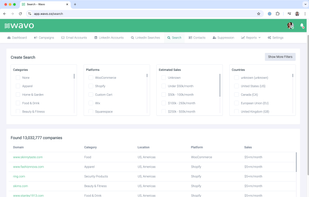 Discover untapped e-commerce opportunities using Wavo’s advanced contact search. Apply robust filters to navigate 13 million companies, accessing targeted prospects efficiently with comprehensive data at your fingertips.