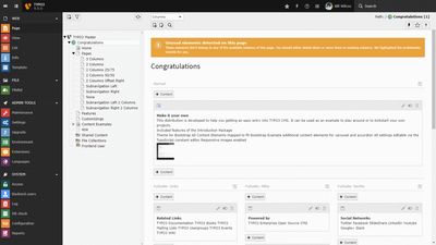TYPO3 v9 backend showing an alert because there are unused elements on the page. Editors can then place these unused contents in the wanted place on the page or delete them.