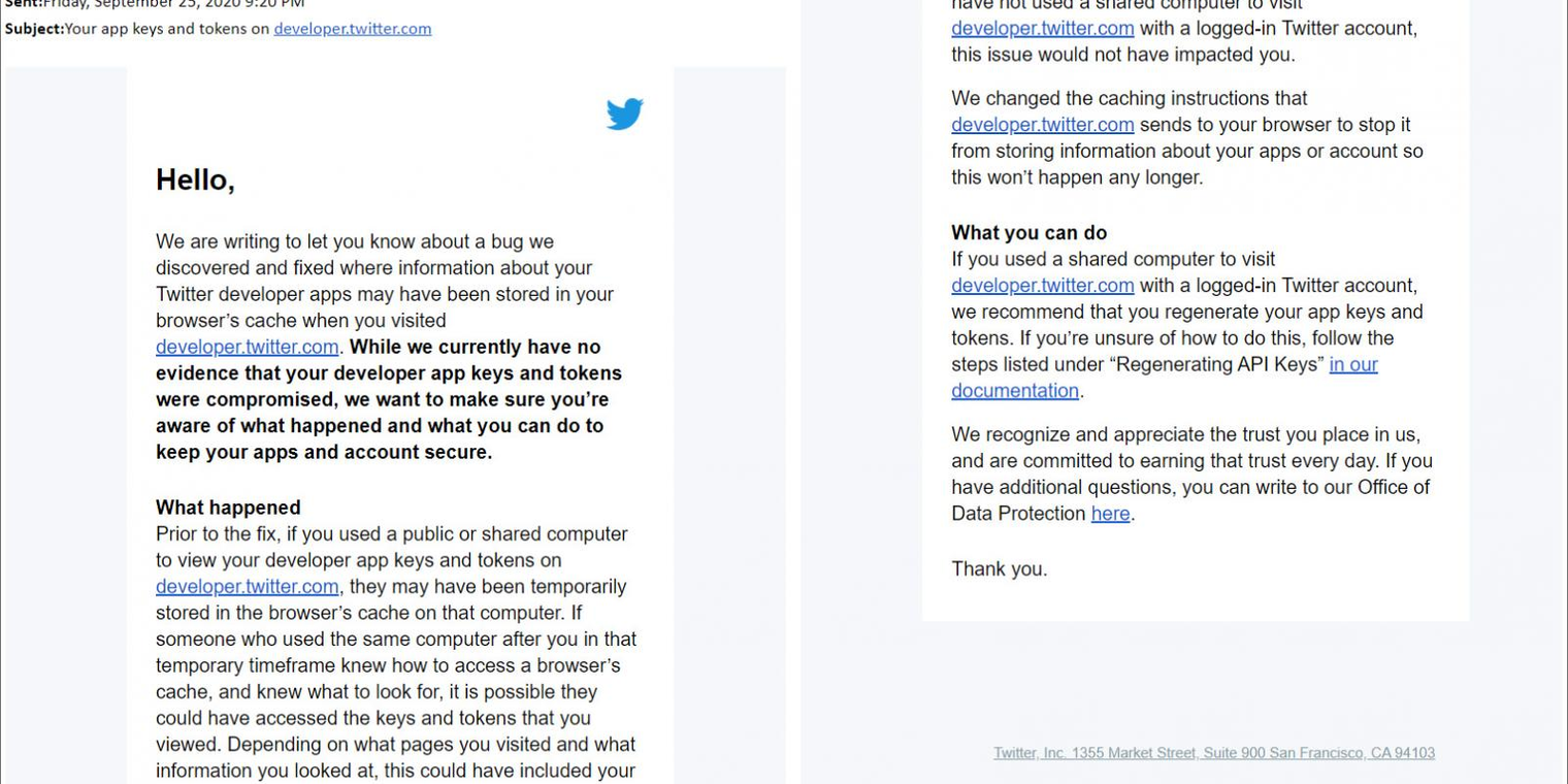 Twitter sent out an email to developers that API keys and tokens possibly leaked