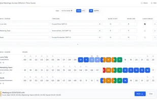 Visual time zone planner grid highlighting overlapping work hours across Europe and US for remote team scheduling.