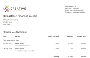 An example of an automatic billing report as created by todo.vu.