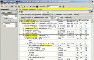 GENViewer highlights individuals by criteria e.g. surname and number of marriages