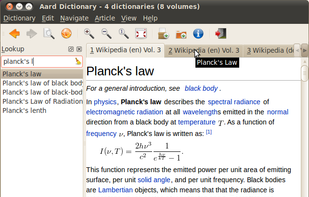 Aardict in Ubuntu "Planck's Law": includes mathematical equations