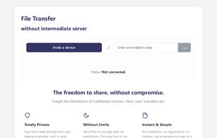 The iCanSend homepage allows users to instantly start a secure file transfer. With just a single code, a direct connection is established between devices: no account, no cloud, no ads. The interface is minimal and optimized for ease of use on both desktop and mobile.