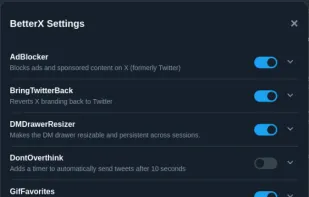 A screenshot of the BetterX Settings panel showing various toggleable features including AdBlocker, BringTwitterBack, DMDrawerResizer, and other customization options with clean toggle switches.