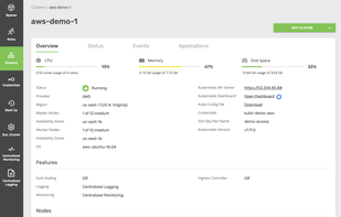 Cluster overview with status, events, and application tabs to dig deeper. Also links directly to Kubernetes dashboard.