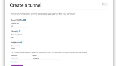 1. Tell Burrow which port of your localhost you want to forward the traffic to. Choose if you want to protect the tunnel with your login credentials at the security section. Leave the subdomain blank to auto generate, or pick your own.